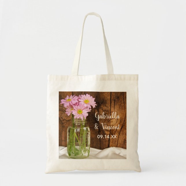 Mason Jar Pink Daisies Country Barn Wedding Tote Bag (Front)
