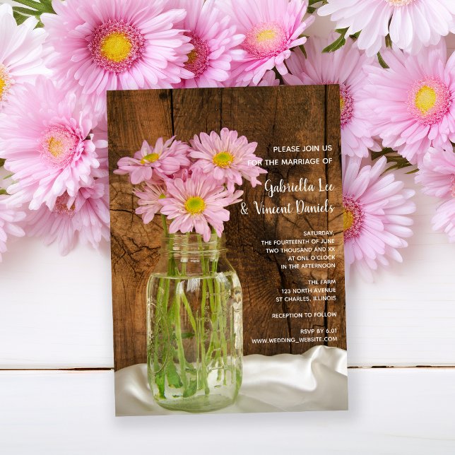 Mason Jar Pink Daisies Country Wedding Invitation (Creator Uploaded)