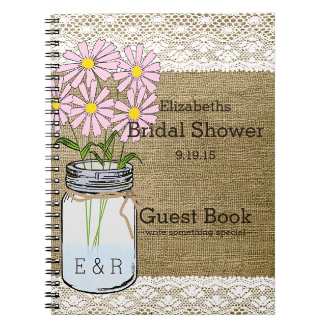 Mason Jar Pink Flowers Bridal Shower Guest Book | (Front)