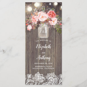 Mason Jar Pink Flowers Rustic Wedding Programs