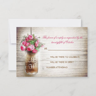 Mason jar & pink flowers wedding RSVP card