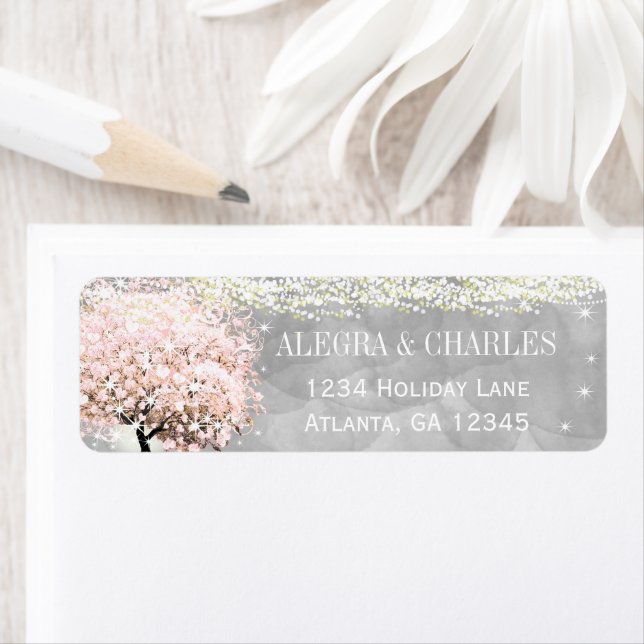 Mason Jar Pink Heart Leaf Tree on Grey Watercolor Return Address Label (Insitu)