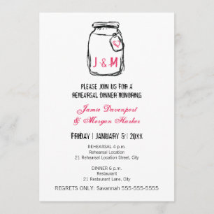 Mason Jar & Pink Heart Rehearsal Dinner Invitation