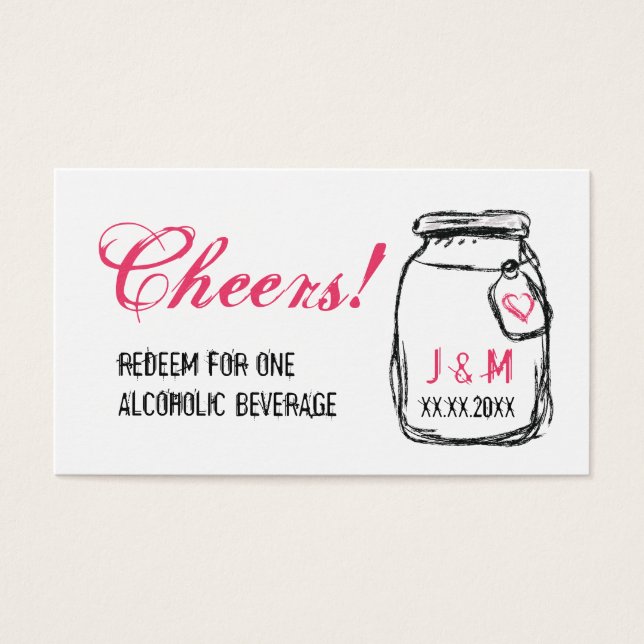 Mason Jar & Pink Heart Wedding Drink Ticket (Front)