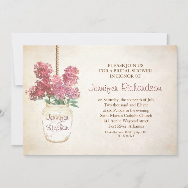mason jar & pink lilacs bridal shower invitation (Front)