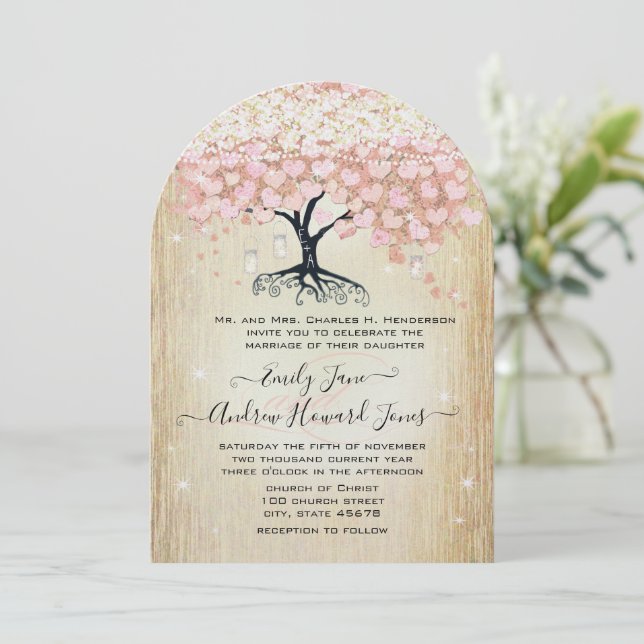 Mason Jar Pink Rose Gold Heart Leaf Tree Invitation (Standing Front)