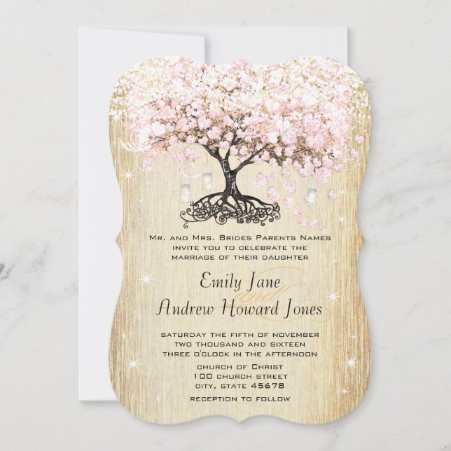 Mason Jar Pink Rose Gold Heart Leaf Tree Invitation (Front)