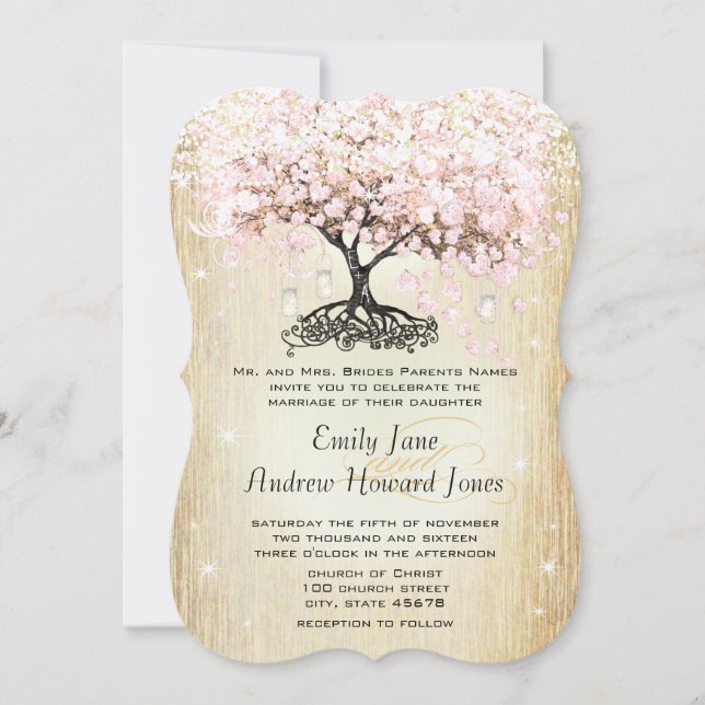 Mason Jar Pink Rose Gold Heart Leaf Tree Invitation (Front)