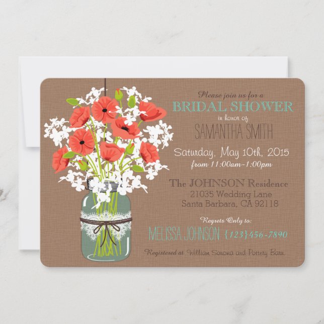 Mason Jar, Poppies, & Burlap Rustic Bridal Shower Invitation (Front)