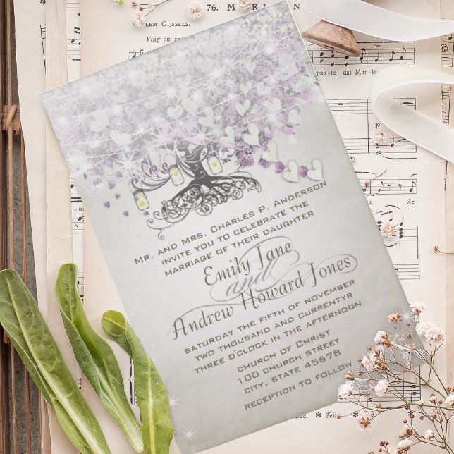 Mason Jar Purple Lavender Heart Leaf Tree Wedding Invitation (Creator Uploaded)