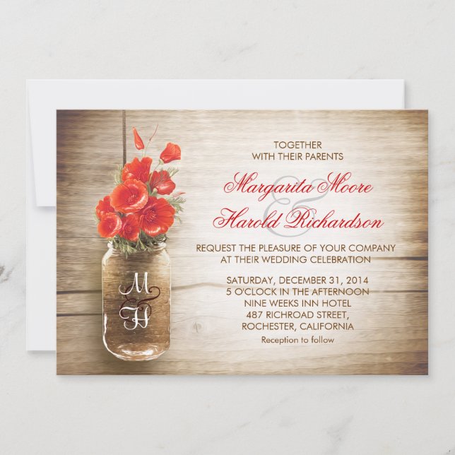 Mason jar & red colour flowers wedding invites (Front)