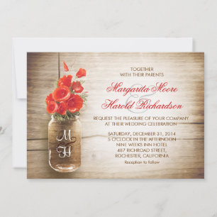 Mason jar & red colour flowers wedding invites