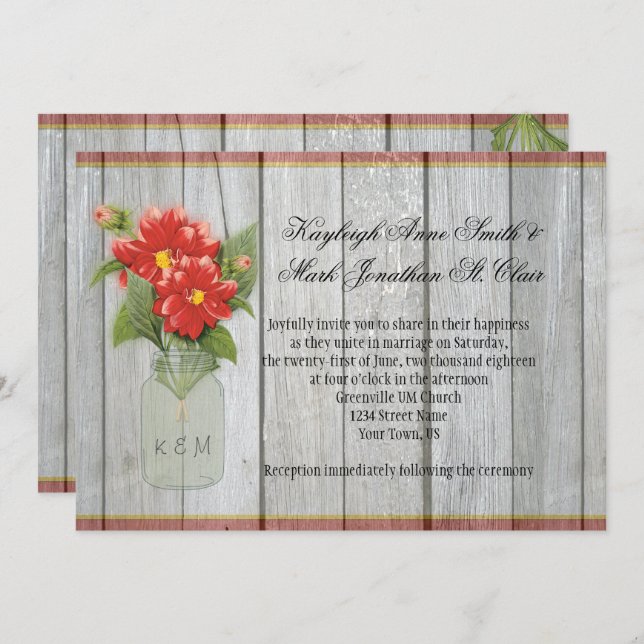 Mason Jar Red Dahlias Barn Wood Invitations (Front/Back)