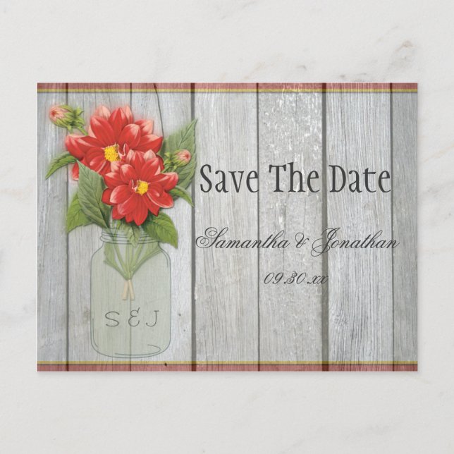 Mason Jar Red Dahlias Barn Wood Save The Date Announcement Postcard (Front)