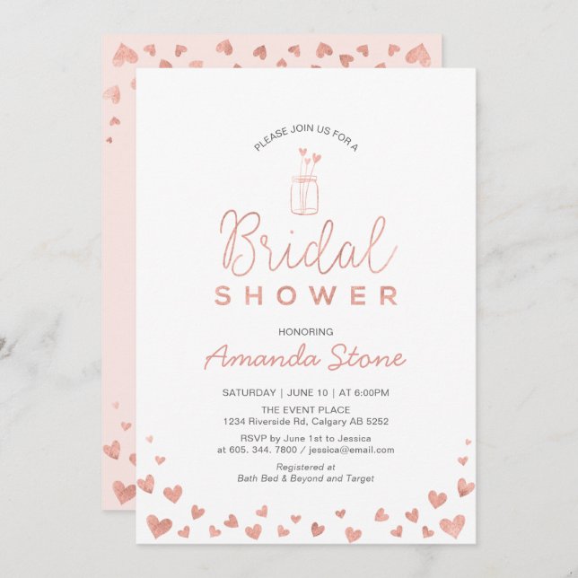 Mason Jar, Rose Gold & Blush Pink Bridal Shower Invitation (Front/Back)