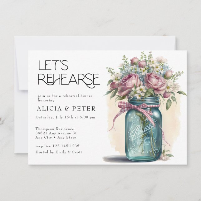 Mason Jar |  Roses Rehearsal Dinner Invitations (Front)