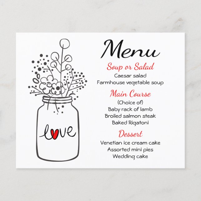 Mason Jar Rust Wedding Menu Black Red Floral (Front)