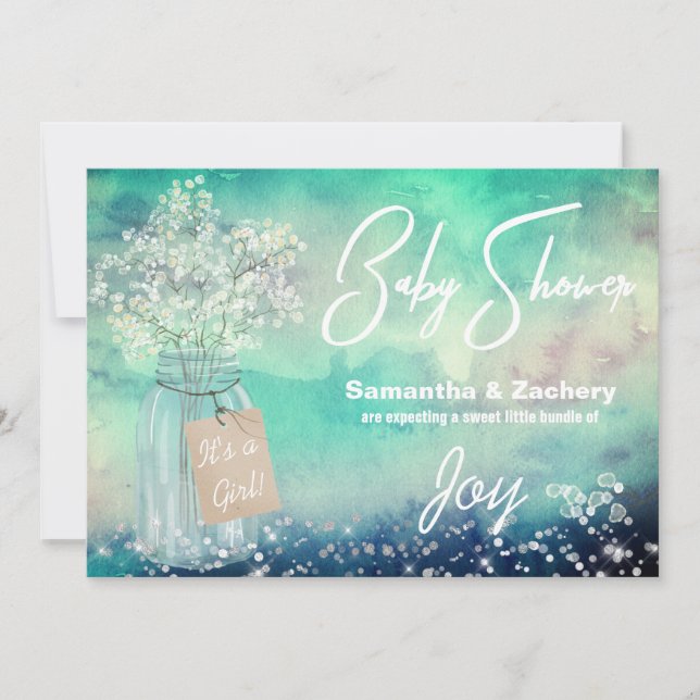 *~* Mason Jar Rustic  Baby Breath Baby Shower Invitation (Front)