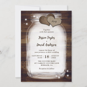 Mason Jar Rustic Burlap Hearts Barn Wood Wedding Invitation