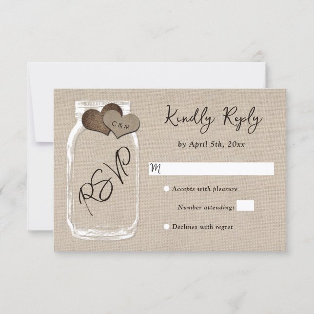 Mason Jar Rustic Burlap Hearts Monogram Wedding RSVP Card (Front)