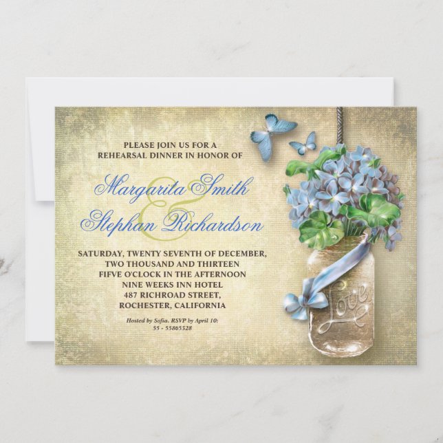 mason jar rustic burlap rehearsal dinner invites (Front)