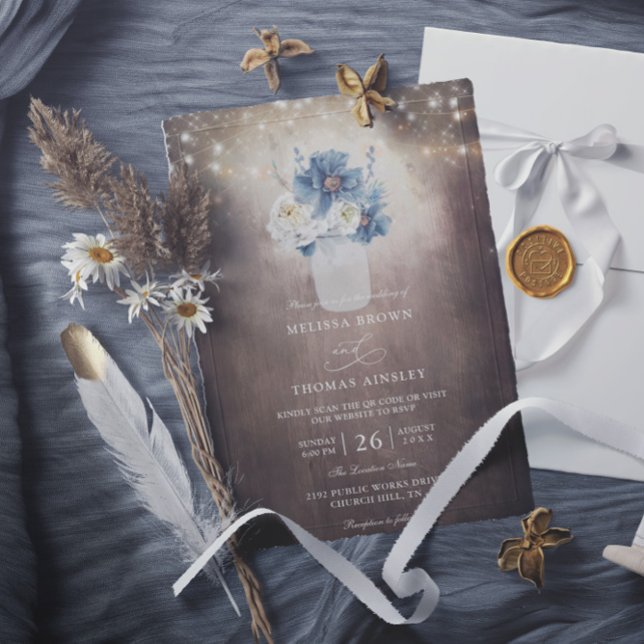 Mason Jar Rustic Country Budget QR Code Wedding Invitation (Creator Uploaded)