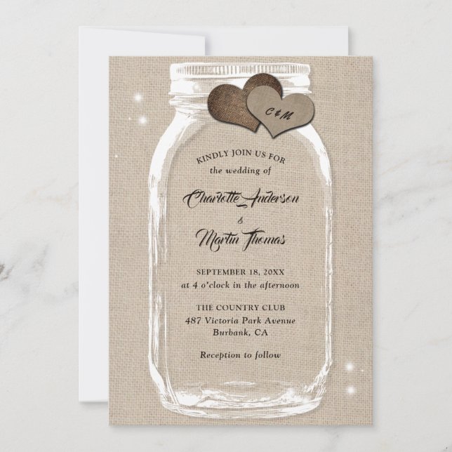 Mason Jar Rustic Country Burlap Wedding Invitation (Front)