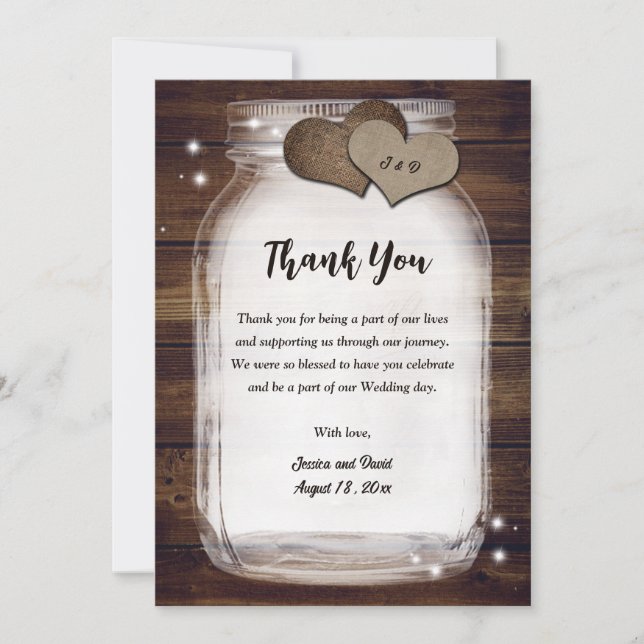 Mason Jar Rustic Country Hearts Wood Thank You Card (Front)