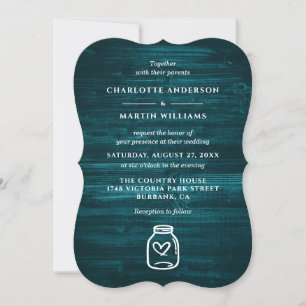 Mason Jar Rustic Country Teal Wood Wedding Invitation