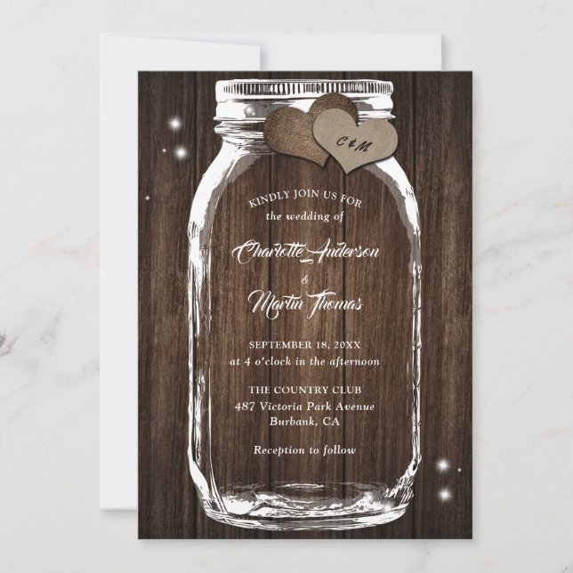 Mason Jar Rustic Country Wood Burlap Heart Wedding Invitation (Front)