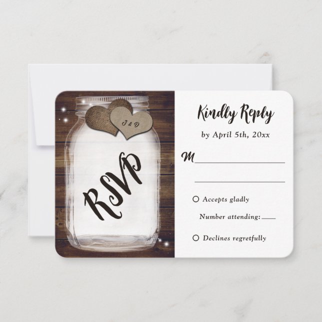Mason Jar Rustic Country Wood Burlap Heart Wedding RSVP Card (Front)