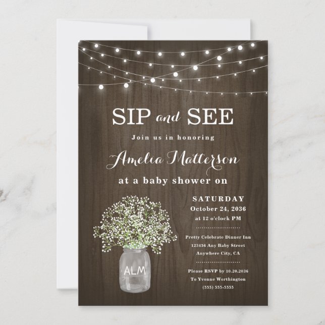 Mason Jar Rustic Floral Sip and See Baby Shower Invitation (Front)
