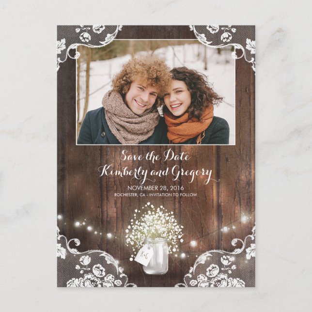 Mason Jar Rustic Lights - Photo Save the Date Announcement Postcard (Front)