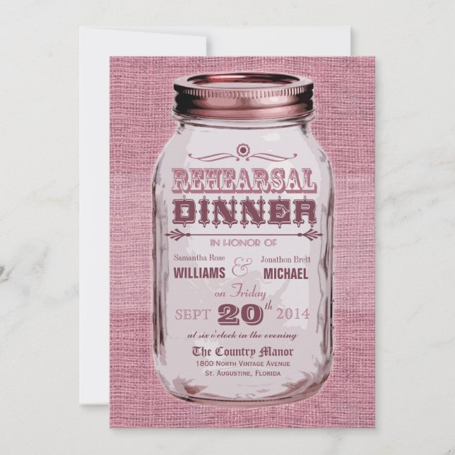 Mason Jar Rustic Look Rehearsal Dinner Pink Rose Invitation (Front)