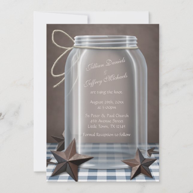 Mason Jar Rustic Stars Blue Gingham Wedding Invitation (Front)