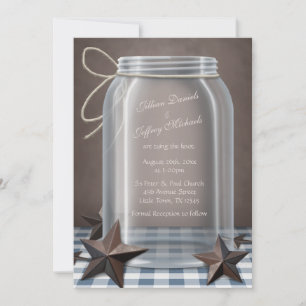 Mason Jar Rustic Stars Blue Gingham Wedding Invitation