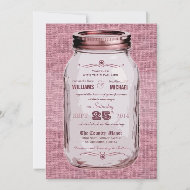 Mason Jar Rustic Vintage Look Pink Wedding Invite (Front)