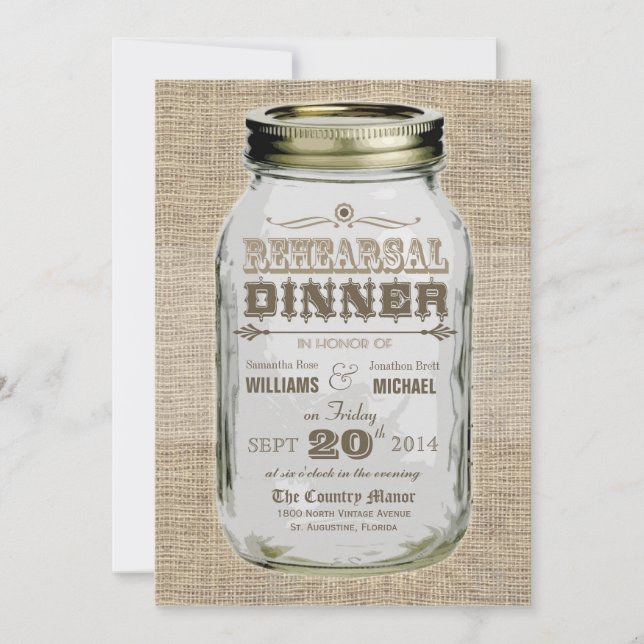 Mason Jar Rustic Vintage Look Rehearsal Dinner Invitation (Front)