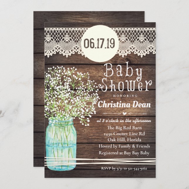 Mason Jar Rustic Wood Baby Shower Invitation (Front/Back)