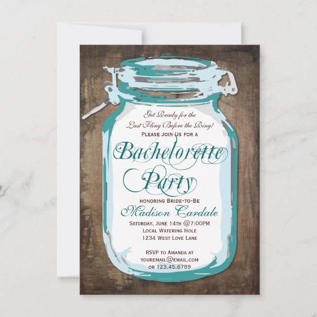 Mason Jar Rustic Wood Bachelorette Party Invites (Front)