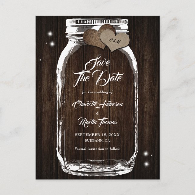Mason Jar Rustic Wood Burlap Wedding Save The Date Announcement Postcard (Front)