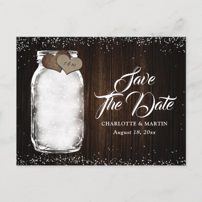 Mason Jar Rustic Wood Burlap Wedding Save The Date Announcement Postcard (Front)