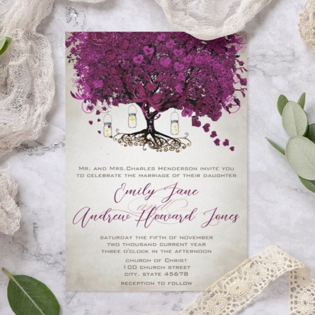 Mason Jar Sangria Heart Leaf Firefly Tree Wedding Invitation (Creator Uploaded)