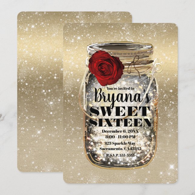 Mason Jar Sparkle Lights & Red Rose Sweet 16 Invitation (Front/Back)