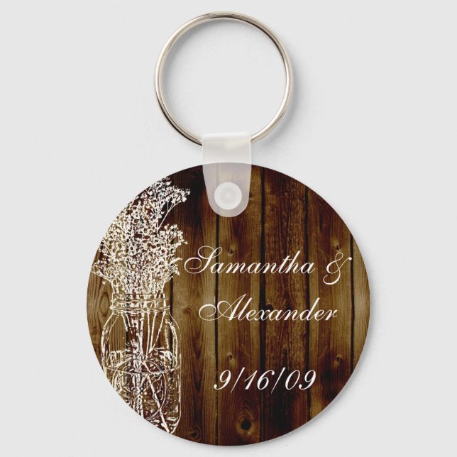Mason Jar Stamp on Dark Wood Plank Key Ring (Front)