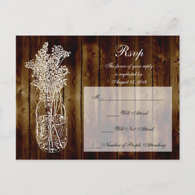 Mason Jar Stamp RSVP on Dark Wood Plank Invitation Postcard (Front)