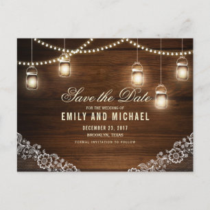 Mason jar string light lace rustic save the date announcement postcard
