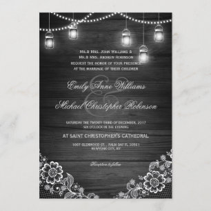 Mason jar string light lace rustic wood wedding invitation