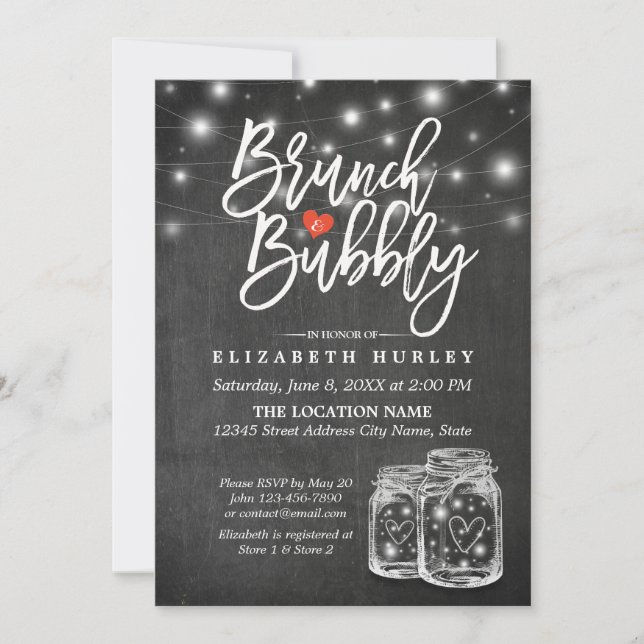 Mason Jar String Lights Chalkboard Brunch & Bubbly Invitation (Front)