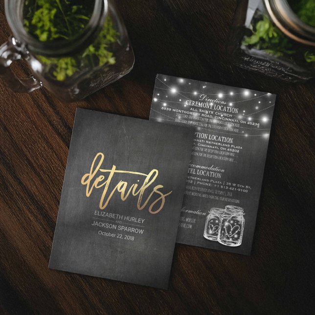 Mason Jar String Lights Chalkboard Wedding Details Invitation (Creator Uploaded)